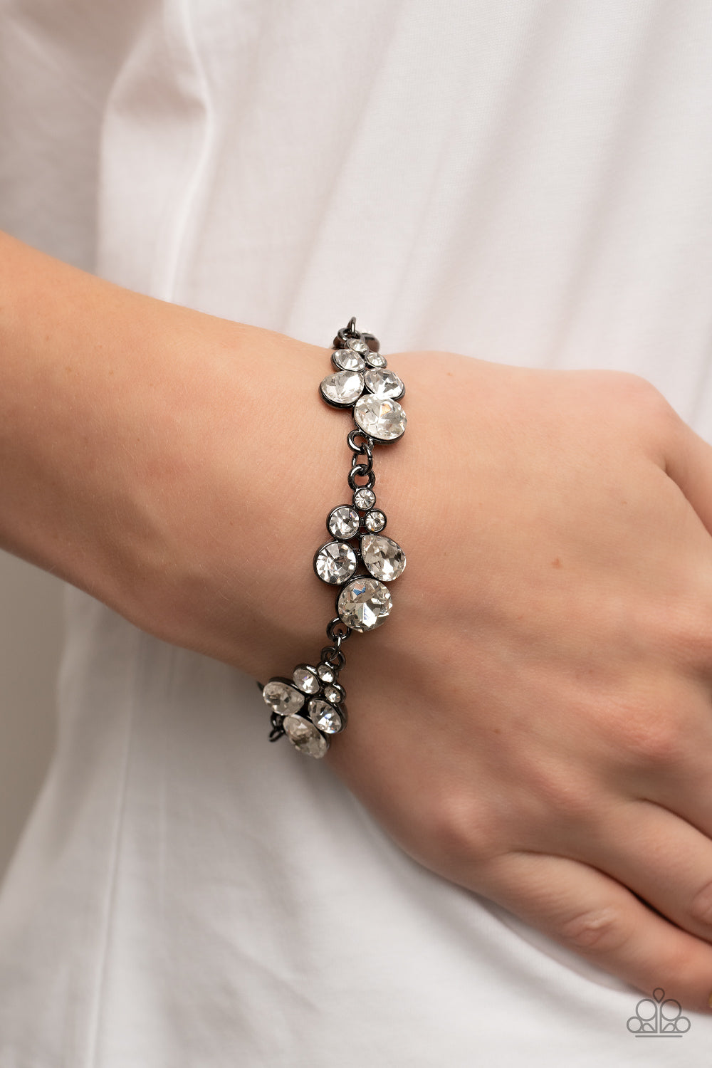 Bracelet ~ Duchess Dowry - Black Gunmetal White Rhinestone Bracelet - Paparazzi