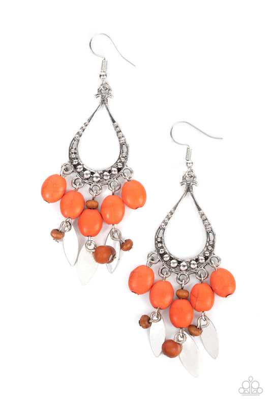 Earrings ~ Adobe Air - Orange Stone Wooden Bead Silver