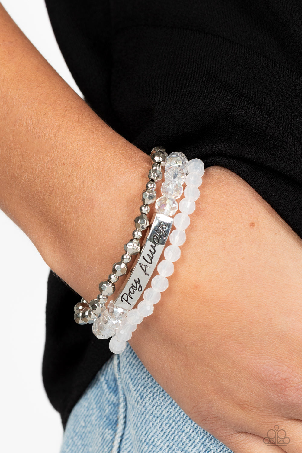 Bracelets ~ Pray Always - White Bead Silver