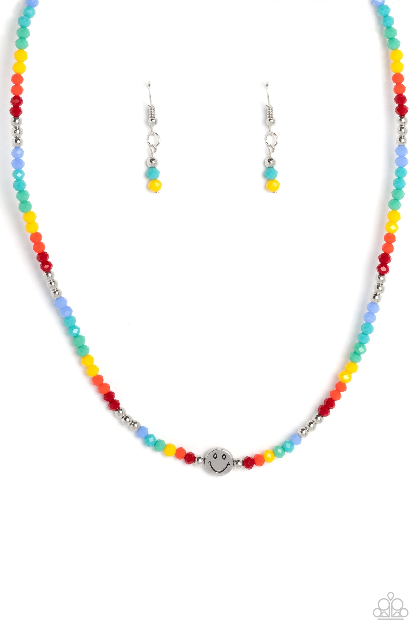 Necklace ~ Beaming Bling - Multi Color Silver Smiley Face